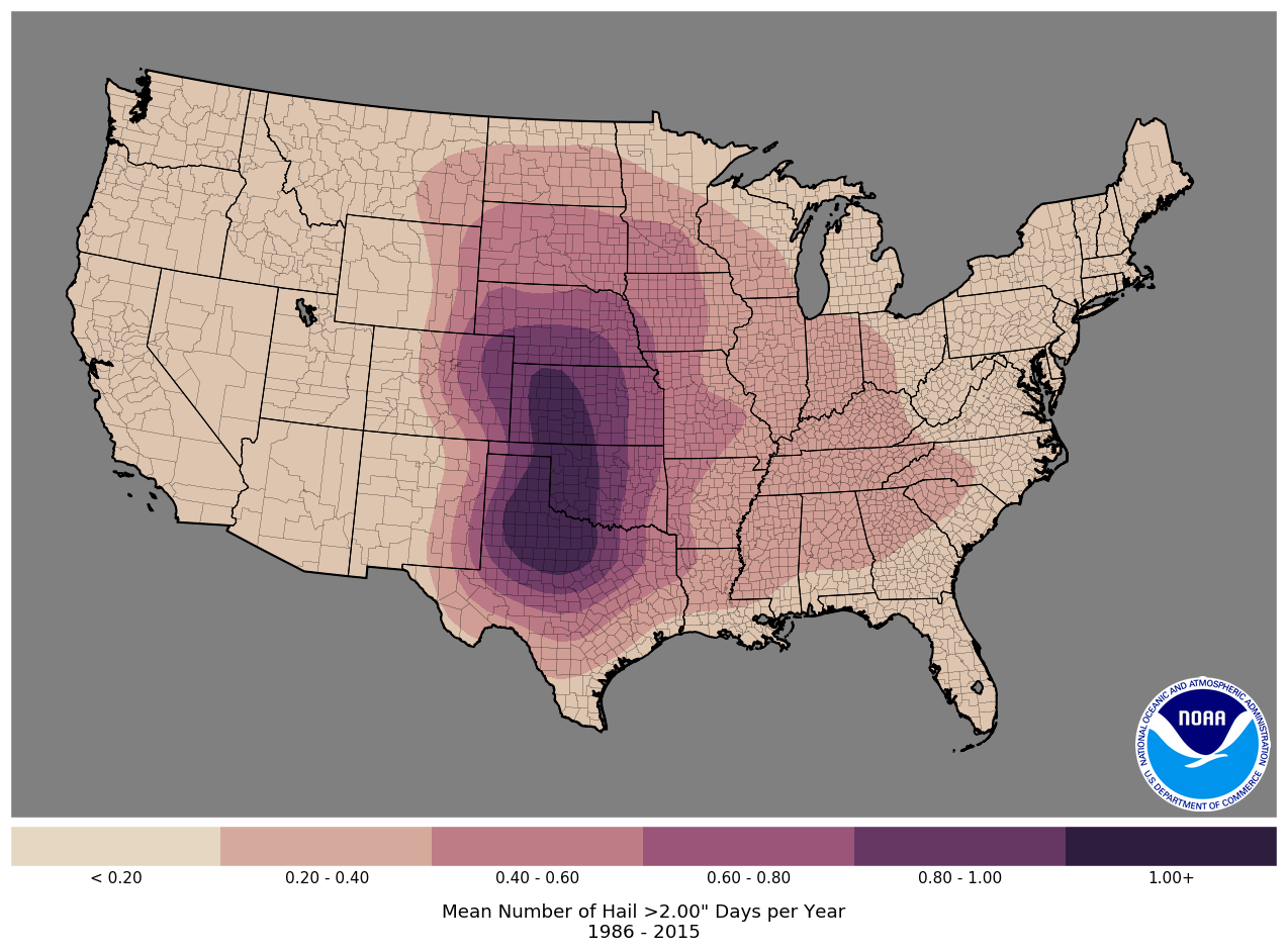 mean number of hail greater than 2 inches in diameter days per year within 25 miles or 40 km of a point, observations from the years 1986 to 2015 | map source the National Weather Service, Storm Prediction Center